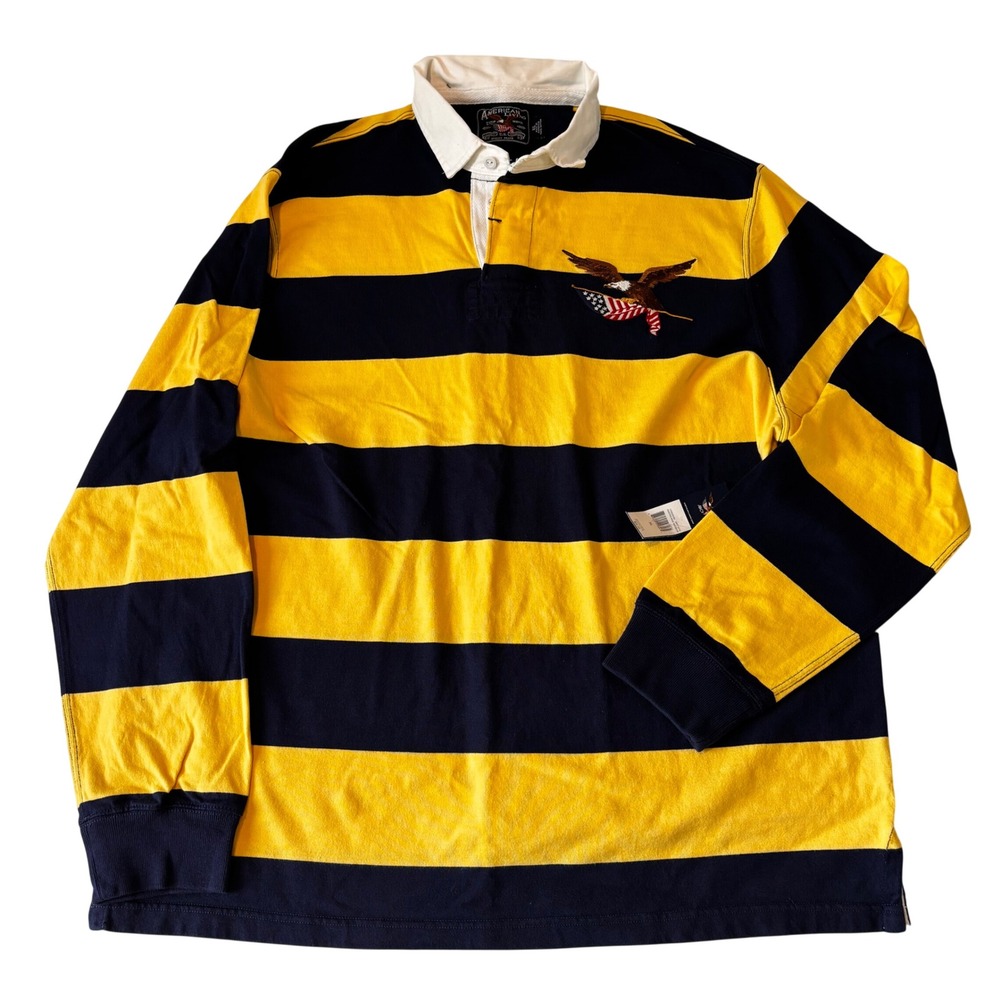 American Living Mens XL Rugby Shirt Cotton Navy Yellow Striped Eagle Flag NWT - Picture 2 of 9